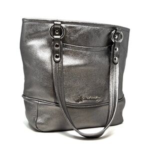 B. Makowsky Pewter Margene Large Tote Bag Handbag Metallic Leather Purse EUC